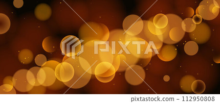 Warm circle bokeh wallpaper. Orange yellow color blur effect on black background. Shiny golden light sparkle texture. Blurry backdrop for Christmas decoration, card, poster, banner, flyer. Vector 112950808