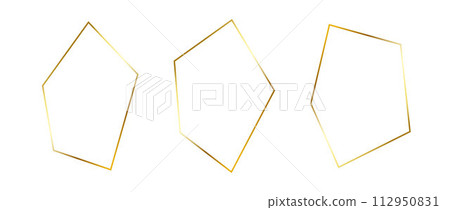 Golden thin frame set. Gold foil geometric borders in art deco style. Thin linear irregular square collection. Yellow glowing shiny boarder element pack. Vector bundle for photo, cadre, decoration 112950831