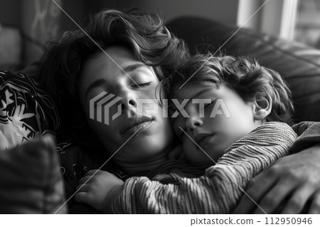 Woman and Child Sleeping on a Couch 112950946