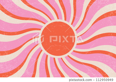Retro summer sun background. Vector groovy sunshine wavy rays in vintage grunge design. 70s radial poster. Modern illustration. 112950949
