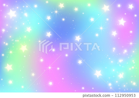 Rainbow unicorn background with glitter and stars. Pastel holographic sky with magic gradient texture. Vector iridescent wallpaper with sparkles 112950953
