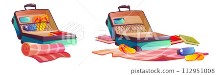 Open suitcase with summer clothes and accessories 112951008