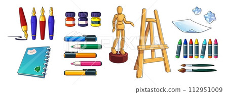Paint easel with art tool and supplies cartoon 112951009