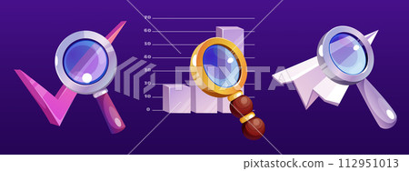 Magnifier glass with tick, graph and paper plane. 112951013