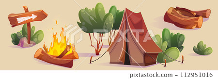 Camp tourist equipment cartoon vector set Camp tourist equipment cartoon vector set 112951016