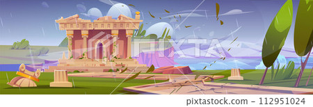 Broken abandoned ancient Greek temple under rain 112951024