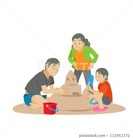 Illustration of a parent and child building a sandcastle on the beach 112951372