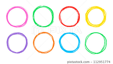 Scribble circle round vector frame. Hand drawn rough scribble effect line. Children color crayon brush stroke frame. Scribble hand drawn grunge doodle color circle set. Vector 112951774