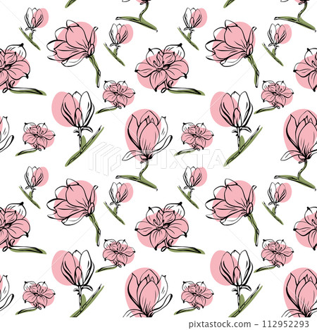 Seamless pattern with spring and summer colors. Sketch-style magnolia hand-drawn on white background Seamless pattern with spring and summer colors. Sketch-style magnolia hand-drawn on white background 112952293