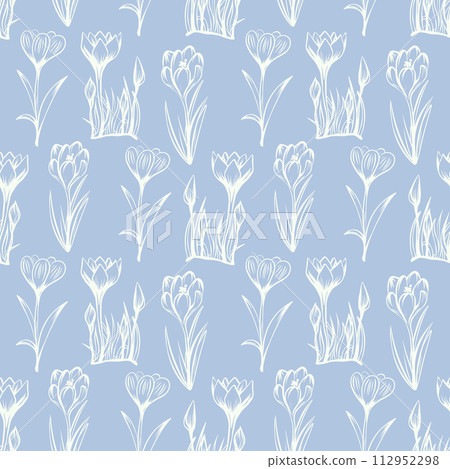 Seamless pattern with spring and summer colors. Sketch-style crocus hand-drawn on blue background Seamless pattern with spring and summer colors. Sketch-style crocus hand-drawn on blue background 112952298