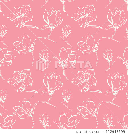 Seamless pattern with spring and summer colors. Sketch-style magnolia hand-drawn on pink background Seamless pattern with spring and summer colors. Sketch-style magnolia hand-drawn on pink background 112952299