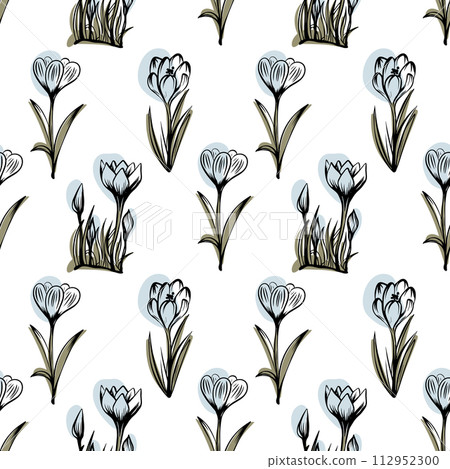 Seamless pattern with spring and summer colors. Sketch-style crocus hand-drawn on white background Seamless pattern with spring and summer colors. Sketch-style crocus hand-drawn on white background 112952300
