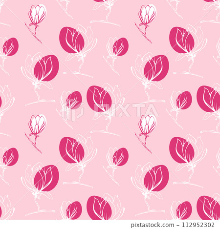 Seamless pattern with spring and summer colors. Sketch-style magnolia hand-drawn on pink background Seamless pattern with spring and summer colors. Sketch-style magnolia hand-drawn on pink background 112952302