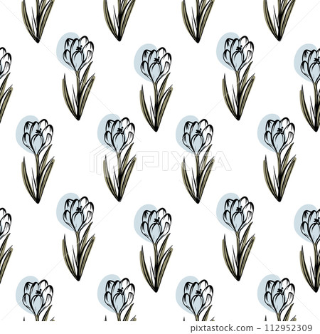 Seamless pattern with spring and summer colors. Sketch-style crocus hand-drawn on white background Seamless pattern with spring and summer colors. Sketch-style crocus hand-drawn on white background 112952309