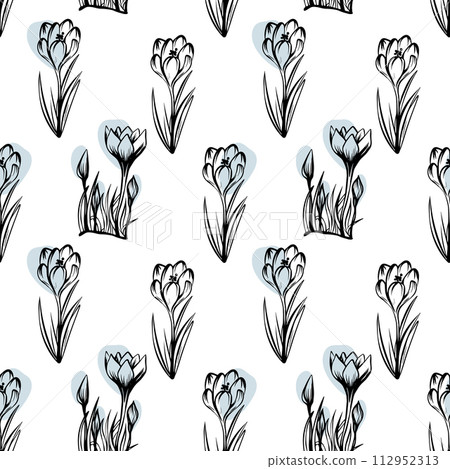 Seamless pattern with spring and summer colors. Sketch-style crocus hand-drawn on white background Seamless pattern with spring and summer colors. Sketch-style crocus hand-drawn on white background 112952313