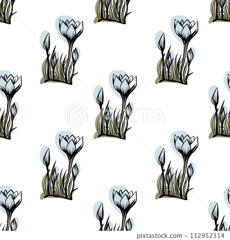 Seamless pattern with spring and summer colors. Sketch-style crocus hand-drawn on white background 112952314