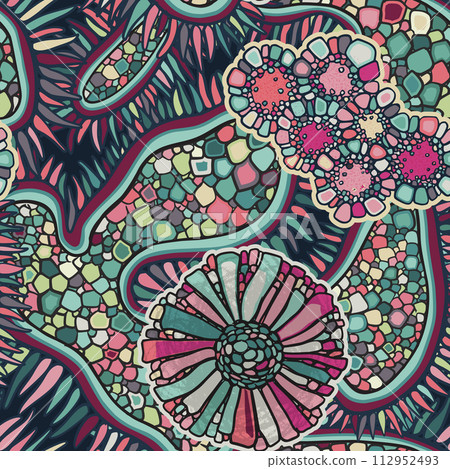 Vector seamless colorful abstract organic pattern. Abstract background in biological style. Macro image, plants, magnified under a microscope. 112952493