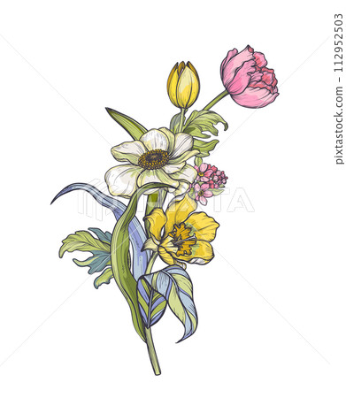 Vector composition of spring flowers, leaves and branches. Different flowers, tulips, anemones and other plants in beautiful bouquet. Vector composition of spring flowers, leaves and branches. Different flowers, tulips, anemones and other plants in beautiful bouquet. 112952503