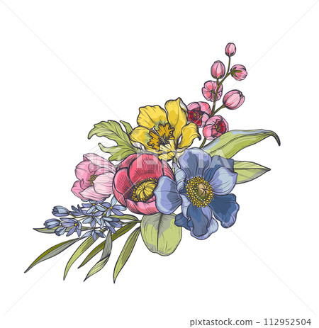 Vector composition of spring flowers, leaves and branches. Different flowers, tulips, anemones and other plants in beautiful bouquet. Vector composition of spring flowers, leaves and branches. Different flowers, tulips, anemones and other plants in beautiful bouquet. 112952504
