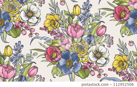 Vector seamless pattern with bouquets of spring flowers, leaves and branches. Endless floral background 112952506