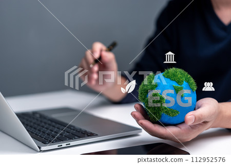 ESG environmental social governance, green earth day, investment globe sustainable cooperation nature eco renewable protection world business technology energy and manufacturing 112952576