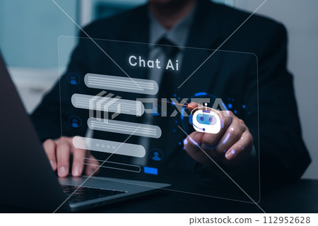 Chatbot conversation Ai Artificial Intelligence technology online customer service.Digital chatbot, robot application, OpenAI generate. Futuristic technology.Virtual assistant on internet.. 112952628