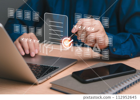 Online survey digital questionnaire feedback and assess customer satisfaction for business. Business technology data marketing improvements in our services.digital poll research checkbox concept. 112952645