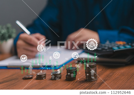 Analyzing environmental stocks and funds aligns with the ESG Environmental Social Governance investment concept. Businessman report stock market social and financial 112952646