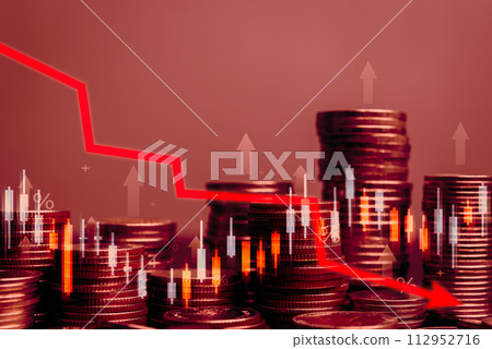 Economic index stock market and fund price graph change fall and finance and banking inflation values. Coins stack and red arrow business concept Economic index stock market and fund price graph change fall and finance and banking inflation values. Coins stack and red arrow business concept 112952716