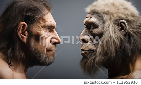 《進化對話：智人與尼安德塔人臉部表情的比較》<AI生成素材> 112952936