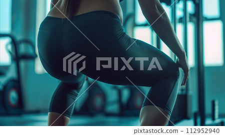 《體脂6%的女性在健身房做深蹲的特寫》<AI生成素材> 112952940