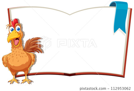 Cheerful Chicken with Open Book Illustration 112953062