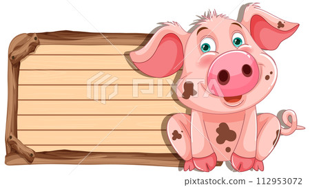 Cheerful Pig with Wooden Sign Illustration 112953072