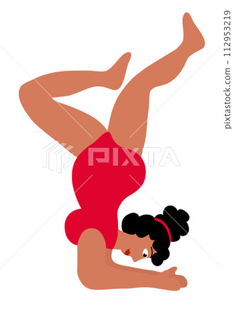 Body positive concept. Black plus size Woman standing in pose yoga. Girl in red swimsuit. Cartoon flat vector illustration. Body positive concept. Black plus size Woman standing in pose yoga. Girl in red swimsuit. Cartoon flat vector illustration. 112953219