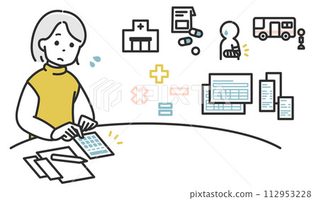 Illustration material of an elderly woman calculating medical expenses Illustration material of an elderly woman calculating medical expenses 112953228