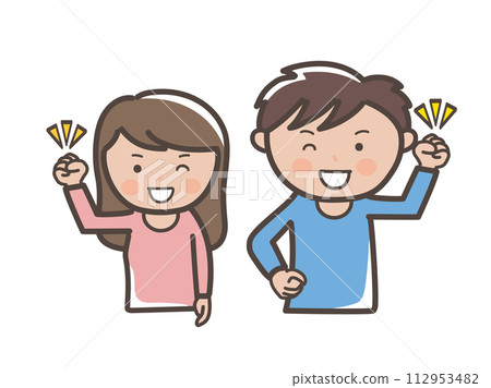 Upper body illustration of a motivated young man and woman doing a guts pose 112953482