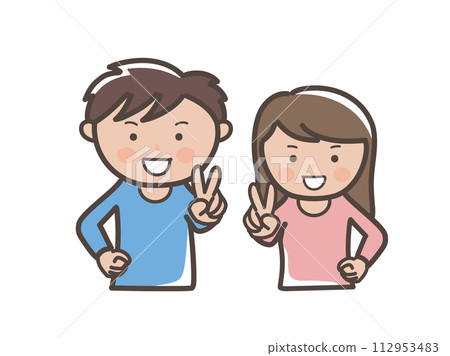 Upper body illustration of a young man and woman cheerfully doing a peace pose 112953483