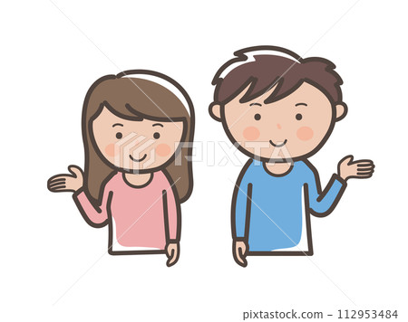 Upper body illustration of a young man and woman giving guidance and explanations with their palms outstretched 112953484