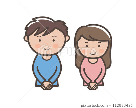 上半身插圖：一個微笑的年輕男女雙手緊握在前面 112953485