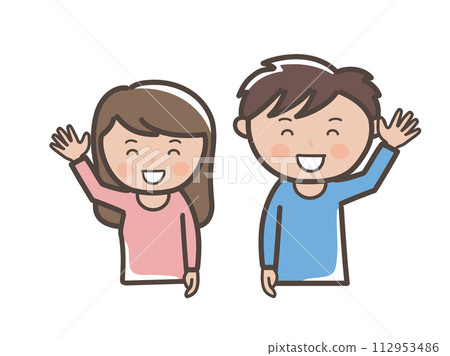 Upper body illustration of a young man and woman greeting cheerfully with a smile 112953486