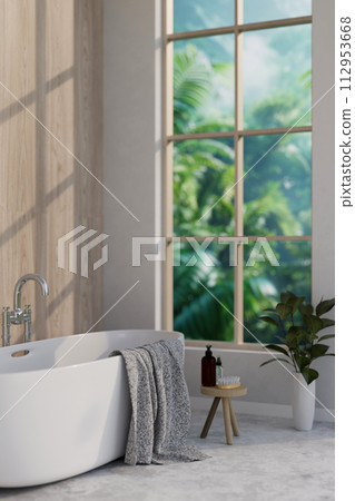 A contemporary luxurious bathroom features a bathtub near the large window with green garden view. A contemporary luxurious bathroom features a bathtub near the large window with green garden view. 112953668