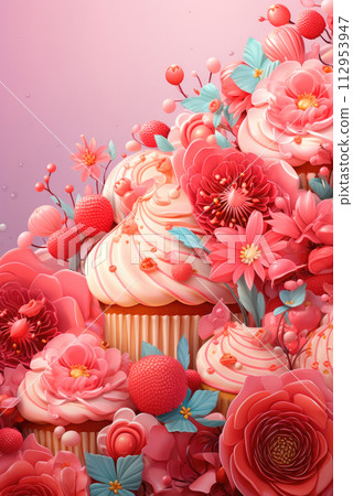 Sweets and flowers on a pink background 112953947