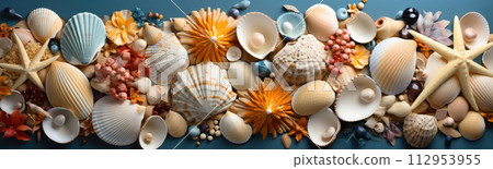 Seashells on sand background with copy space banner. Sea summer vacation backdrop Seashells on sand background with copy space banner. Sea summer vacation backdrop 112953955
