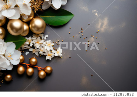 Banner with flowers on brown background. Greeting card template for Wedding, mothers or woman day. Springtime composition with copy space. Flat lay style Banner with flowers on brown background. Greeting card template for Wedding, mothers or woman day. Springtime composition with copy space. Flat lay style 112953958