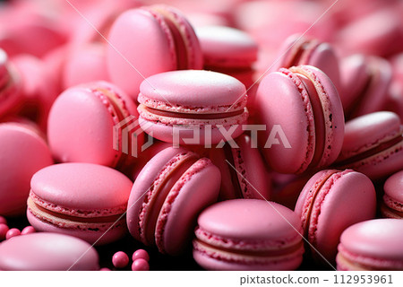 Set of many tasty macarons pink on bright background. Pattern of colorful french cookies. homemade food 112953961