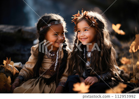 Native American girl kids having fun outdoors. Native American girl kids having fun outdoors. 112953992