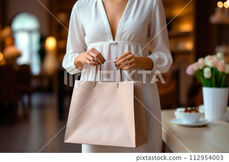 Beige paper eco bag with shopping in the hands of a woman with a copy space for logo application, mockup Beige paper eco bag with shopping in the hands of a woman with a copy space for logo application, mockup 112954003