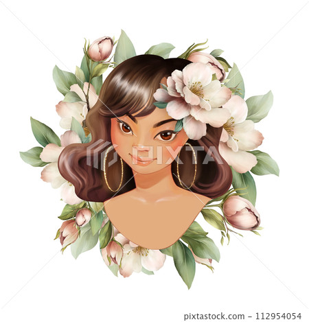 Cute portrait of young beautiful woman with flowers. Spring illustration 112954054