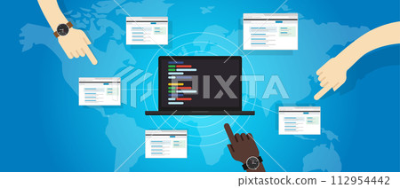 web programming collaboration team line of code hand together multiple web page line of code in laptop web programming collaboration team line of code hand together multiple web page line of code in laptop 112954442