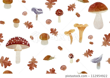 Wild mushroom watercolor seamless pattern isolated on white. Porcini, Chanterelle, Fly agaric and Collybia nuda 112954922